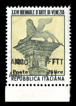 Sassone 150a, 1952 25l Venice Art Exhibition, triple overprint, bottom sheet-margin single, bright and fresh, o.g., n.h., very fine small J.V.B. (Bush) handstamp only one
sheet of sixty stamp was so printed.