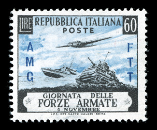 Sassone 157 var., 159 var., 1952 10l and 60l Armed Forces, blue trial overprint instead of black, each with the AMGFTT in blue, o.g., never hinged except where lightly pasted
down at the top left corner both are quite rare.