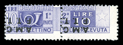 Sassone 6b, 1947 10l Violet, overprint inverted, unused, centered to the top left as are all known examples of this rare error, bright color, fine only 50 examples were
printed and this is the only value of the first parcel post series to have