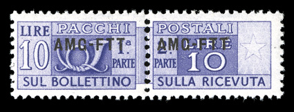 Sassone 18A, 1949 10l Violet, 5½mm spacing between overprints, bright color, typical centering for this, o.g., lightly hinged, fine 1952 Mondolfo certificate (Scott Q18
footnote $800.00).