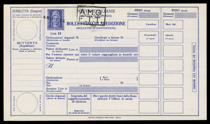 Parcel post forms lot of about 40 forms, most are unused but some have the parcel post stamp cancelled on the right side, with values as high as 1,000l, fine-very fine an
unusually large group of these rarely offered items.