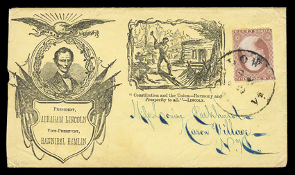 26, 3c Dull red, Ty. II, s.e. at left, tied by Ludlow, Vt.Sep 24 datestamp to Linclon and Hamlin campaign rail splitter design cover (Milgram AL-89) to Mason Village, N.Y.,
slightly reduced at left removing Raynor imprint, fresh and very fin