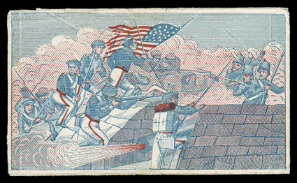 26, 3c Dull red, Ty. II, tied on reverse by blue Baltimore, Md.Aug 26, 1860 datestamp to J.W. Bond all-over battle scene design patriotic cover to Billerica, Mass., minor edge
wear, very fine.