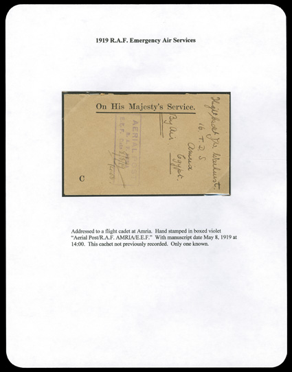 Egypt airmail exhibition collection of 96 covers neatly mounted on exhibit pages, covers the period 1919-1955, includes five of the very scarce 1919 R.A.F. Emergency Air
Services handstamps, one of which is the boxed Aerial PostR.A.F. AmriaE.E