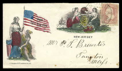 65, 3c Rose, tied by Washington, D.C.Jan 13, 1862 datestamp to Magnus handpainted multicolored two-panel For the UnionNew Jersey patriotic cover to Taunton. Mass., very fine
and attractive.