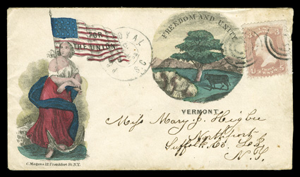 65, 3c Rose, tied by target cancels to Magnus handpainted multicolored two-panel For the UnionFreedom and UniteVermont patriotic cover to Northport, N.Y. with double circle
Port Royal, S.C.Sep 4, 1863 c.d.s. at left, slightly reduced at r
