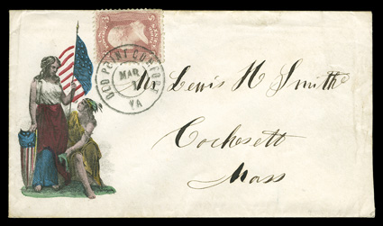 65, 3c Rose, nicely centered but tear at bottom, tied to Magnus handpainted multicolored patriotic cover to Cohasett, Mass. by double circle Old Point Comfort, Va.Mar 1
datestamp, very fine.
