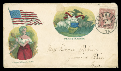 65, 3c Rose, faults, tied by double circle Alexandria, Va.June 1, 1862 datestamp to Magnus handpainted multicolored two-panel For the UnionPennsylvania patriotic cover to
Jamaica Plain, Mass., trivial light stains, otherwise very fine.
