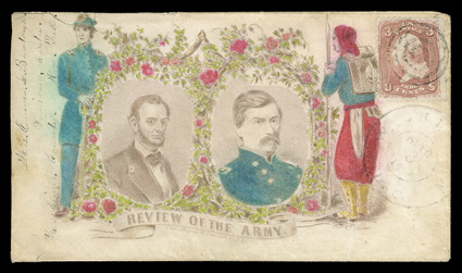 65, 3c Rose, a few clipped perfs. at top right, tied by target cancel to Magnus hand-colored on purple multicolored Lincoln and McClellan all-over portrait design patriotic
cover (Milgram AL-194) to Salisbury Center, N.Y. with double circle Was