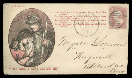 65, 3c Rose, well centered, grid cancel, double circle Wooster, O.Mar 9 c.d.s. alongside, on J. Gates bicolored The Girl I Left Behind Me patriotic to Haysville, Ohio, slightly
reduced at right, very fine.