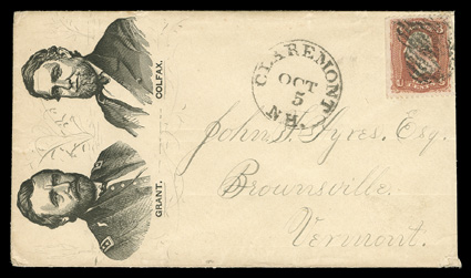 65, 3c Rose, nicely centered, natural s.e. at left, Claremont, N.H.Oct 5 datestamp alongside, tied by grid to Grant and Colfax portrait design campaign cover to Brownsville,
Vermont, light contemporary manuscript floral flourishes, slightly r