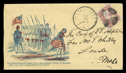 65, 3c Rose, well centered, top right corner missing, tied by circle of wedges and double circle New Berne, N.C.Jan 31, 64 datestamp to Attention Squad Front Face Eyes Right!!
Why in thunder dont you turn your eyes to the right!!! blue