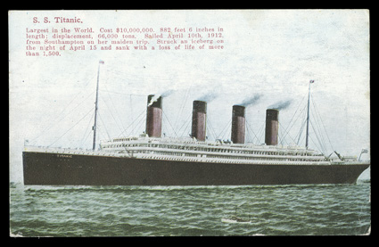 Titanic postcard lot of four different, three with full picture of the ship and one mourning card with song and verse, all postally used, including one from England to
Belgium, one cancelled on April 19, 1912, a couple with trivial corner flaws f