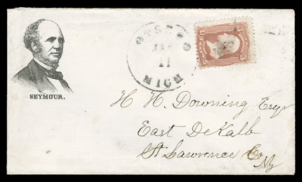 94, 3c Red, F grill, tied by cork and Otsego, Mich.Jan 11 c.d.s. on Seymour campaign cover to East DeKalb, N.Y., just slightly reduced at left, very fine
ex-Jarrett.