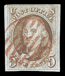 1, 5c Red brown, used, ample to mostly large margins all around, rich color and sharp impression on fresh paper, red grid cancel, very fine.