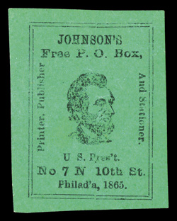 1865 Johnsons Box labels, complete set of six labels with types I, II and III in green and red-orange (the type II green is unlisted by Springer), couple of small flaws, a fine
and rare complete set of these unusual labels according to the Sp