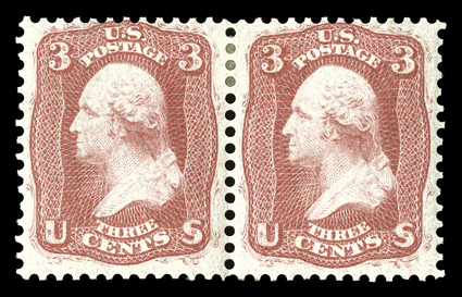 56, 3c Brown rose August, horizontal pair, bright and fresh, o.g., h.r., fine.