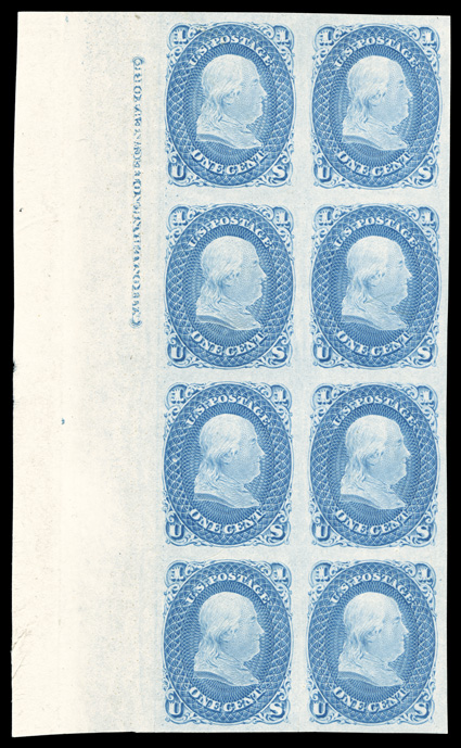63P3, 1c Blue, plate proof on India, left margin imprint block of eight, exceptionally fresh, large margins all around, tiny scissor cut between stamps at bottom, extremely
fine and handsome clear 1982 PF certificate cataloged as two blocks of