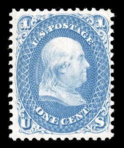63, 1c Blue, pristine mint single, lovely fresh color and a well defined impression on crisp paper, nicely centered and margined, unblemished o.g., never hinged, very fine 1994
PF certificate ex-Frohnen.