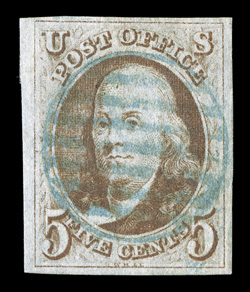 1, 5c Red brown, used, large to very large margins all around, good color and impression, ultramarine grid cancel, filled thin at upper left, very fine
appearance.