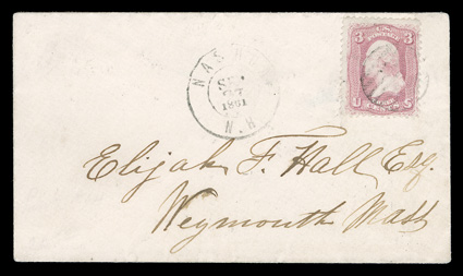 64a, 3c Pigeon blood pink, fine centered single with bright color in this unusual color, tied by light grid cancel with matching Nashua, N.H.Sep 27 1861 c.d.s. on petite cover
to Massachusetts, a fresh and very fine cover overall an attracti
