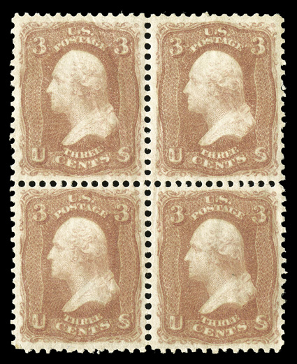 65, 3c Rose, a stunning mint block of four, extraordinarily well centered, with each stamp being incredibly well centered amid large balanced margins, rich color and strong
impression on uncommonly fresh paper, strong and intact perforations, fu