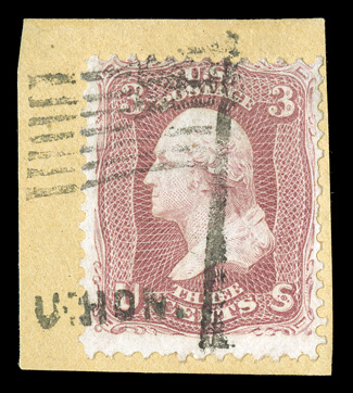 65, 3c Rose, single tied to small piece by a beautiful complete strike of Healdsburg, California waving Flag with UNION fancy cancellation (Skinner-Eno PT-F 33), very fine and
scarce.