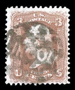 65, 3c Rose, fine single cancelled by well struck and nearly complete negative Lincoln in circular field of negative stars fancy mourning cancellation of Albany, N.Y.
(Skinner-Eno LC-NP 15), very fine strike.