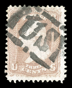 65, 3c Rose, bright and fresh, fine centering, cancelled by a well struck US in frame pmk. of Putnam (S-E PT-C23), very fine and choice strike of this scarce cancel 2009 PF
certificate.