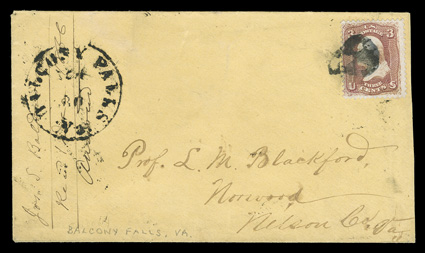 65, 3c Rose, tied to buff cover to Norwood, Va. by skull fancy cancellation (unlisted in Skinner-Eno), matching Balcony Falls, Va.Nov 30 datestamp at left, 1866 docket, very
fine.