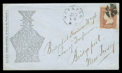 65, 3c Rose, tied by circle of wedges with matching Trenton, N.J.Jun 18 c.d.s. on temperance propaganda cover, with text in the shape of a liquor bottle, A. Gibbs Campbell
imprint at left, stamp with trivial corner crease, cover slightly