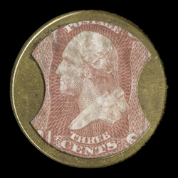 EP15, Ayers Sarsaparilla, 3c Rose, in far better condition than usually found, with fully intact mica that shows just light scratching, stamp with fresh color and the case much
less worn than the norm, very fine clear 1991 PF certificate.