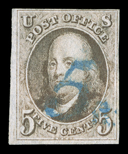 1, 5c Brown, used, large margins to well clear at top, good color and fine impression on fresh paper, blue numeral 5 cancellation, fine and attractive.