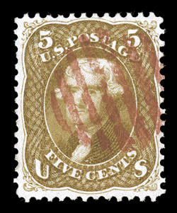 67, 5c Buff, lovely color that is especially deep and rich, well incised impression, red grid cancel, nearly very fine 1999 PF certificate.