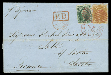 67, 68, 5c Buff and 10c Green, both tied by red grids and matching New York Paid12 Nov. 6 c.d.s. on folded 1861 cover to Nantes, France, appropriate transit pmks., 10c stamp
with trivial corner crease, very fine and attractive.