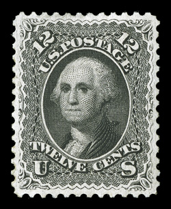 69, 12c Black, unused, exceptionally well centered and margined, strong color, regummed, extremely fine 1973 PF certificate (as o.g.) and a 2008 PSE certificate (XF 90 SMQ
$1,200.00).