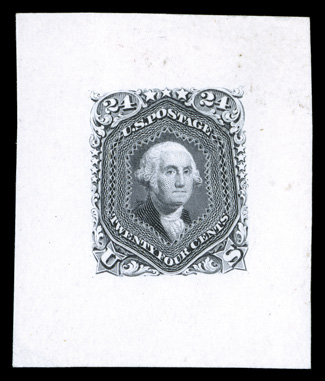 70, 24c 1861 Issue proof and essay group of eight items, essays include 70-1a in two different colors, 70-E2a and 70-E3a, a large die trial color proof in gray (cut down to
38x45mm), and three plate proofs, 70P4 (light color), 78P4 and 109