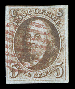 1, 5c Red brown, four used singles, each with ample to large margins all around, two with red grid, one with blue grid and one with blue cancels, each with a small fault,
fine-very fine appearance.