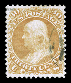 71, 30c Orange, flawlessly centered within considerably larger margins than typically associated with this value, lovely color that is both bright and strong, excellent clarity
of impression for an orange stamp, fully intact perforations all aro