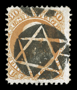 71, 30c Orange, fine centered single with deep vibrant color, cancelled by an especially well struck negative Star of David pmk., an extremely fine and choice strike of this
desirable cancel 2009 PF certificate.