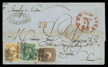 71, 30c Orange, used with 10c Green (68) and 5c Brown (76), all tied by segmented cork cancels on 1864 folded cover to Lyon, France, red New York Paid 36Sep. 21 c.d.s.,
appropriate transit pmks., horizontal file fold away from stamps, f