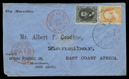 71, 77, 30c Orange and 15c Black, both tied by grid and light Salem, Mass. c.d.s. on 1866 cover to Zanzibar, red Boston Am. Pkt. 24 PaidJul 20 c.d.s., red London paid and Aden
transit backstamp, cover with small sealed tear in the middle