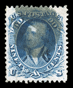 72, 90c Blue, used, exceptionally well centered within unusually large margins, deep luxuriant color and impression on bright paper, quartered cork postmark, extremely fine not
often encountered this choice used 1981 PF certificate.