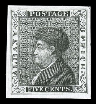 Albany, N.Y., Gavit & Co. 5c Black on India die essay, large even margins, fresh and very fine.