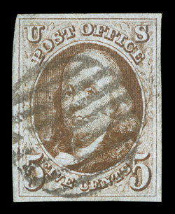 1b, 5c Orange brown, four large margins, rich color in the Orange brown shade, strong impression, black grid cancel, extremely fine a premium used example of this scarce stamp
2007 PF certificate.