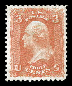 74, 3c Scarlet, unused, bright rich unrubbed color, uncommonly well centered for this difficult stamp, tiny perf. corner crease and trivial natural inclusion, otherwise a very
fine example of this rare trial printing 2007 PF certificate.