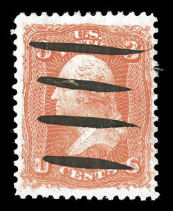 74, 3c Scarlet, an exceptionally handsome appearing used example of this trial printing rarity, characteristic four stroke pen cancel (internal paper break along the second pen
stroke), outstanding centering within very large margins, gloriously