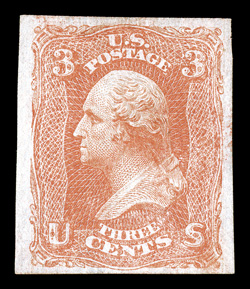 74a, 3c Scarlet, imperforate, unused single with traces of o.g., full to large margins around, slighly discolored from moisture, very fine appearance a rare imperforate that
Scott catalogs only as a pair at $4,000.00 2000 PF certificate.