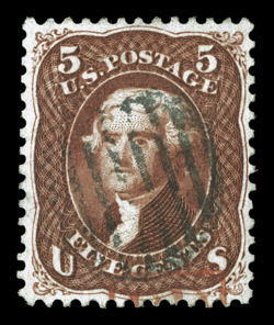 75, 5c Red brown, gorgeous used single, with especially deep color and impression, well centered, light grid cancel and a portion of a red transit pmk., extremely
fine.