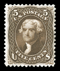 76, 5c Brown, deeply rich color and an excellent clarity of impression, better centering than normally found on this always difficult value, full o.g., lightly hinged, very
fine 1987 PF (as 76a, dark brown) and a 2005 PSE certificate (F-VF 75